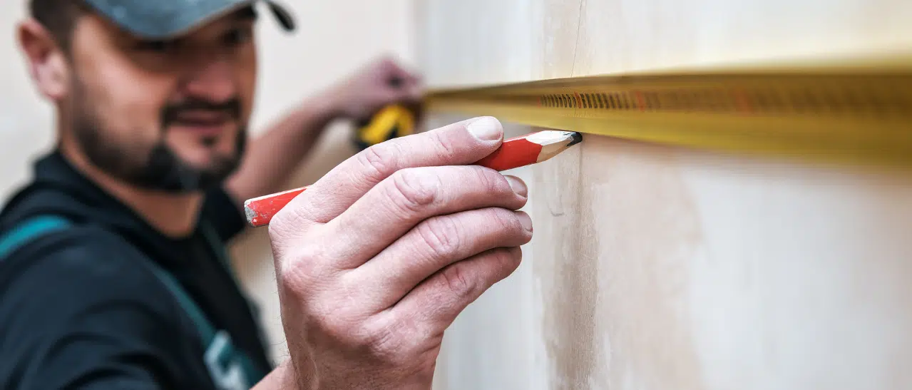 Haustür-Maß Ratgeber & Tipps - Mann zeichnet Maße für Haustür auf Wand ein.