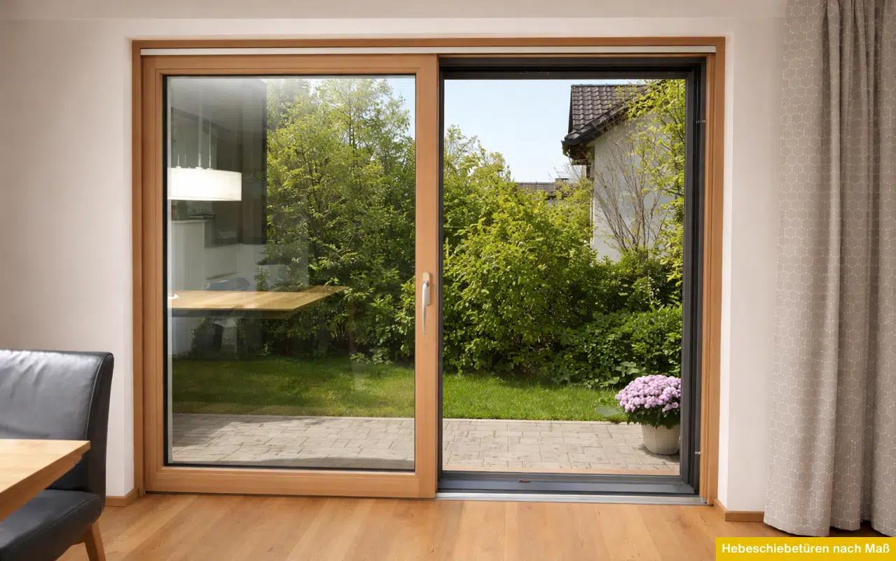 Hebeschiebetüren nach Maß aus Holz mit großzügiger Glasfläche und Blick in den Garten