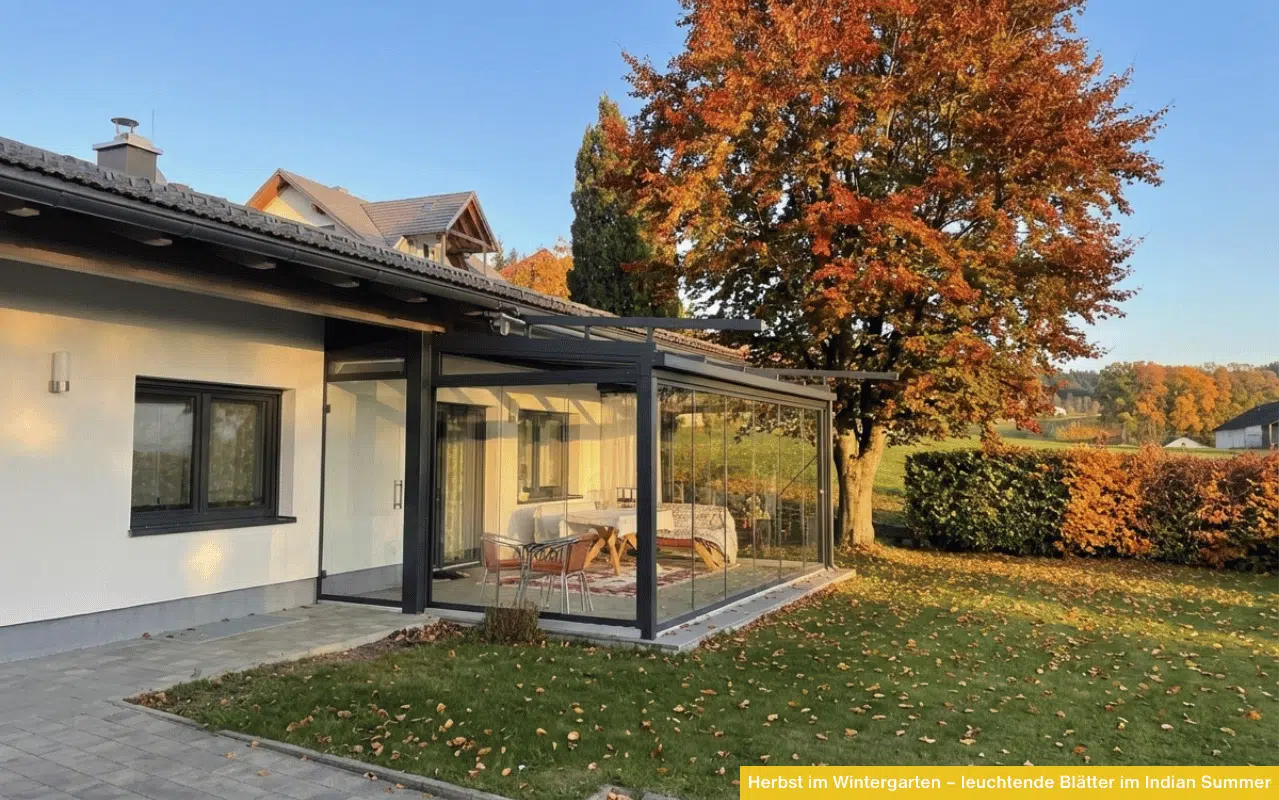 Moderner Wintergarten im Herbst – Glasanbau vor einem bunt leuchtenden Baum im Indian Summer Ambiente.