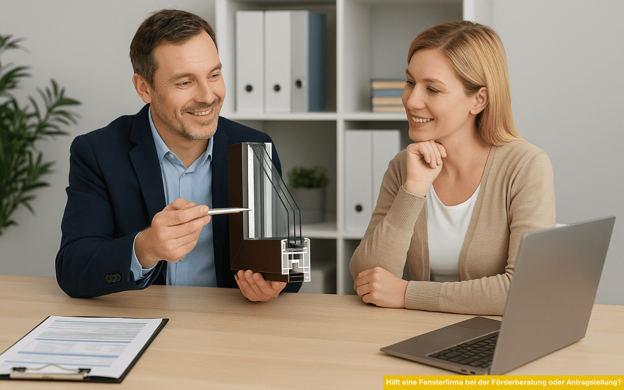 Ein Fachberater demonstriert einer Kundin ein Musterfenster im Büro. Auf dem Tisch liegen Laptop und Unterlagen für die Beratung.
