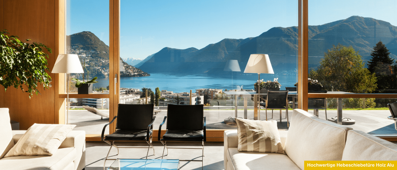 Hochwertige Hebeschiebetüre Holz Alu verbindet modernes Design mit Naturblick und barrierefreiem Zugang.