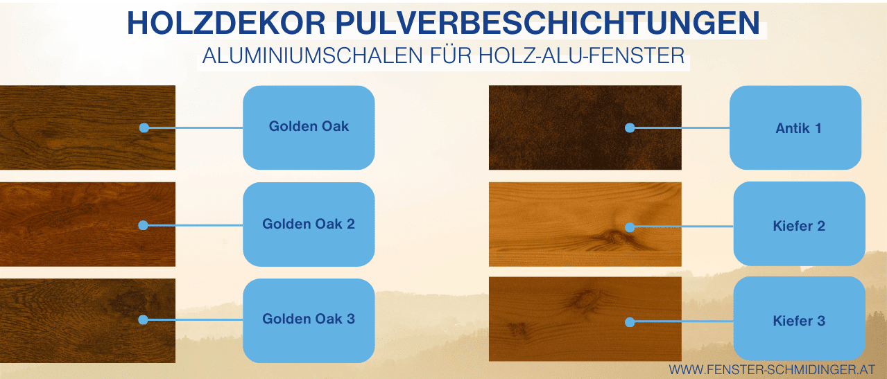 Holz Alu-Fenster Holzdekor Farben für die Aluschale - Muster in Golden Oak, Antik und Kiefer für realistische Holzoptik.