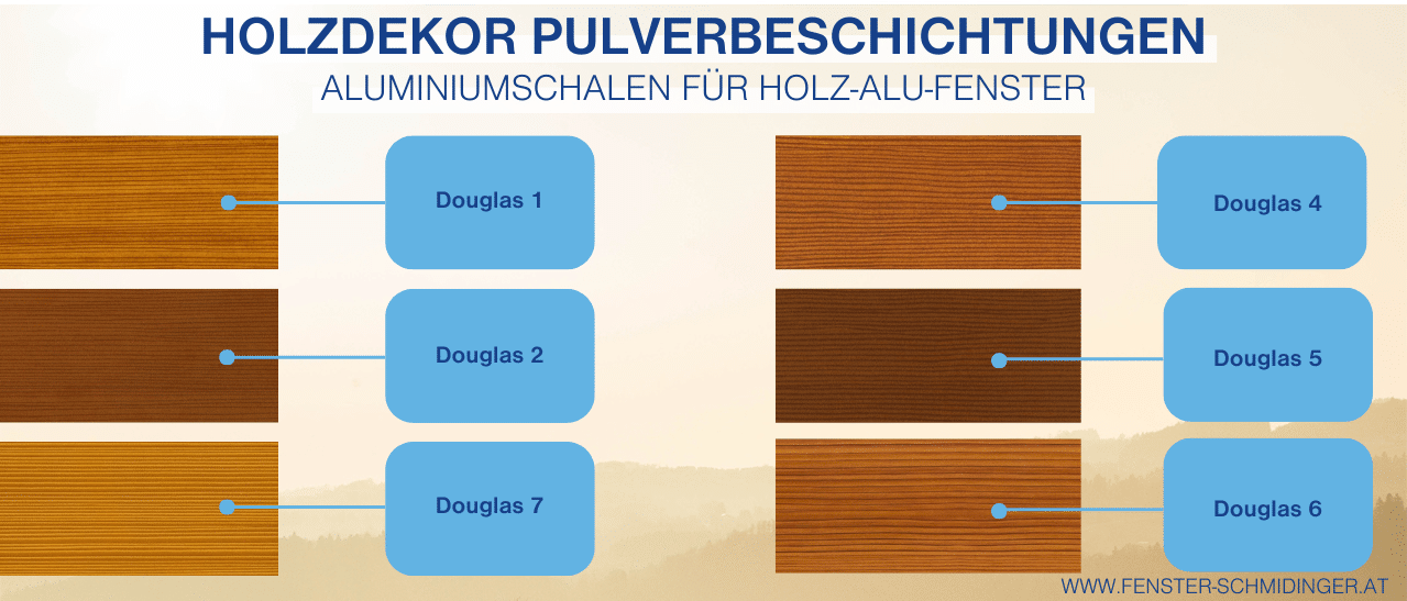 Muster Douglas in den verschiedensten Abstufungen zeigt helle bis dunkle Holztöne für edle Aluminium-Holz-Fenster