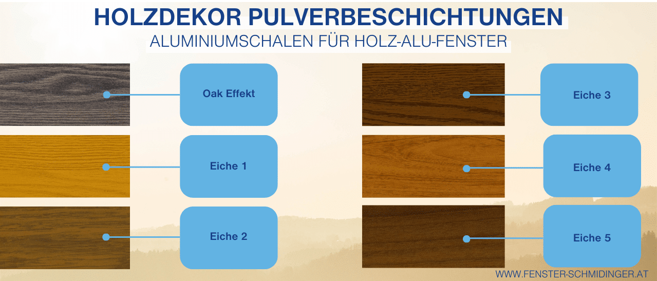 Muster Oak Effekt sowie Eiche in verschiedenen Farbtönen für Aluminium-Holzfenster mit realistischer Holzmaserung und natürlicher Optik.
