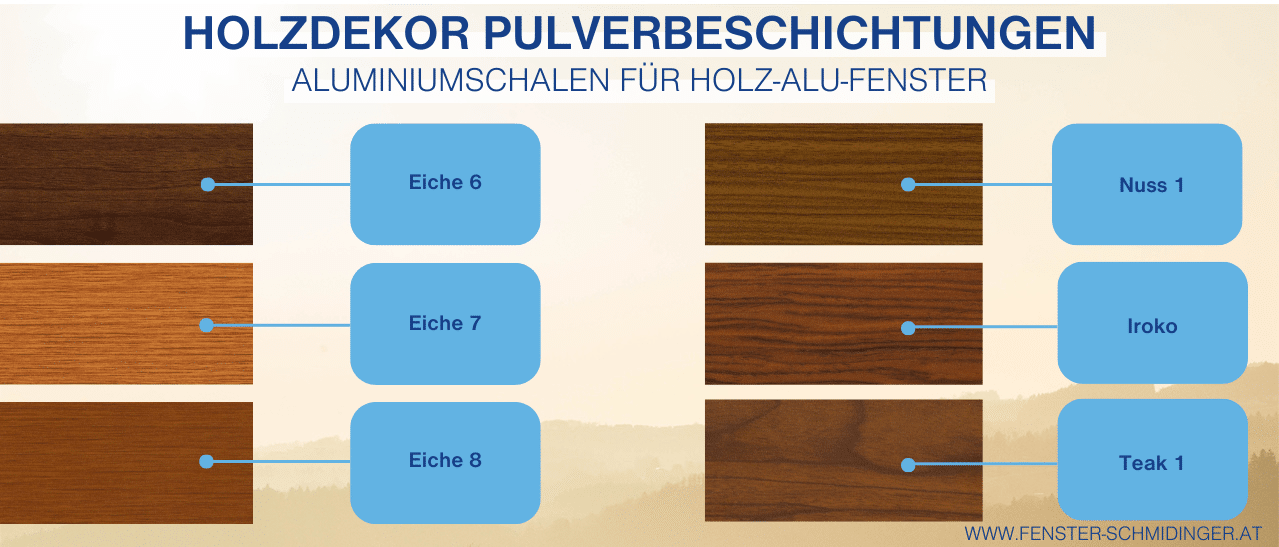 Muster Eiche Nuss und Teak zeigen Pulverbeschichtungen mit natürlicher Holzstruktur.