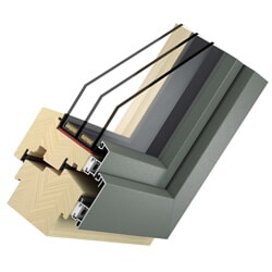 Holz-Aluminium Fenster BIG Solid 3-fach Glas Querschnitt mit Holz innen, robuster Aluschale außen und energieeffizienter Dreifachverglasung