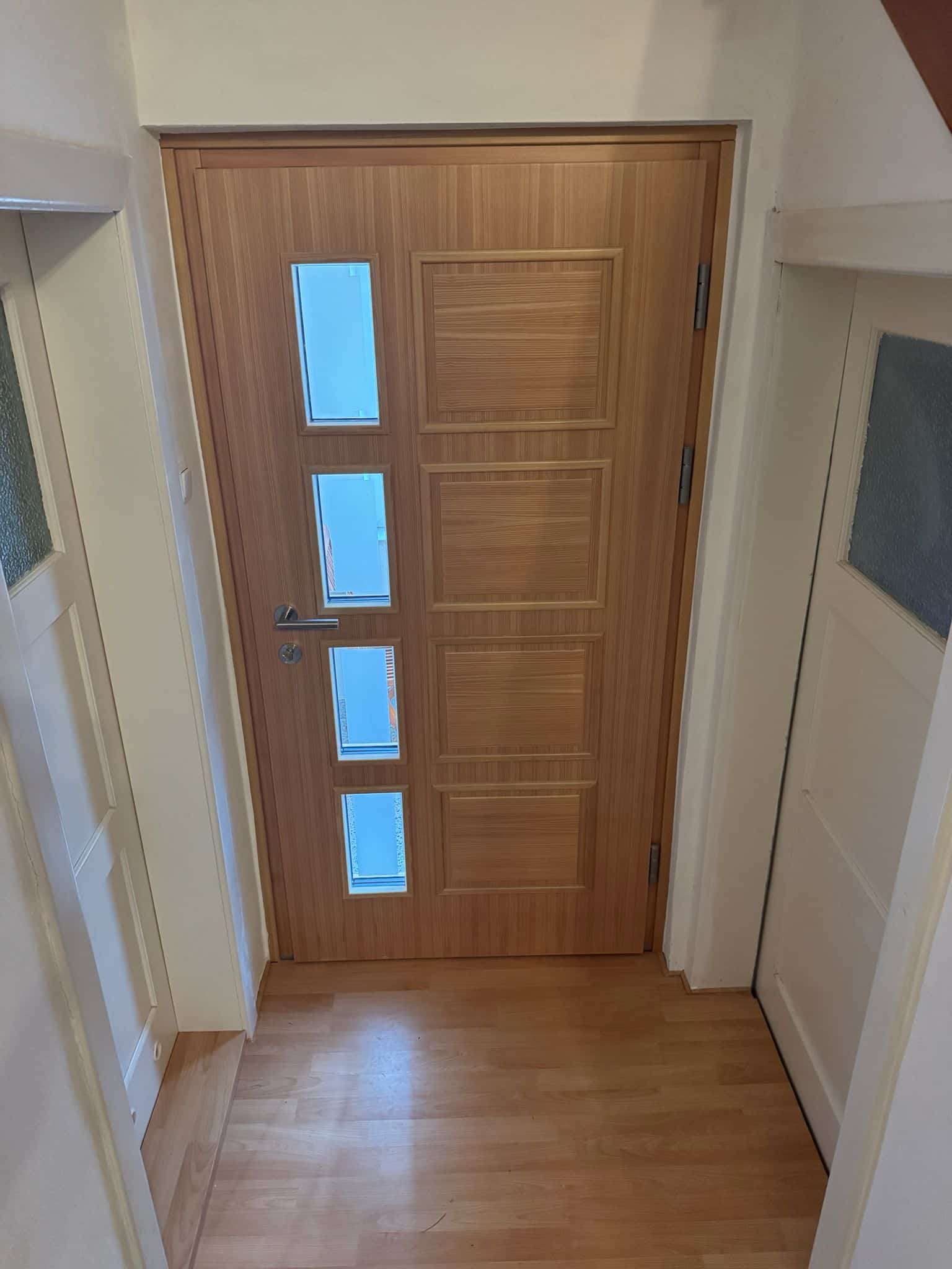 Holz Haustür mit sandgestrahltem Glas und klarem Glasrand – Referenzprojekt