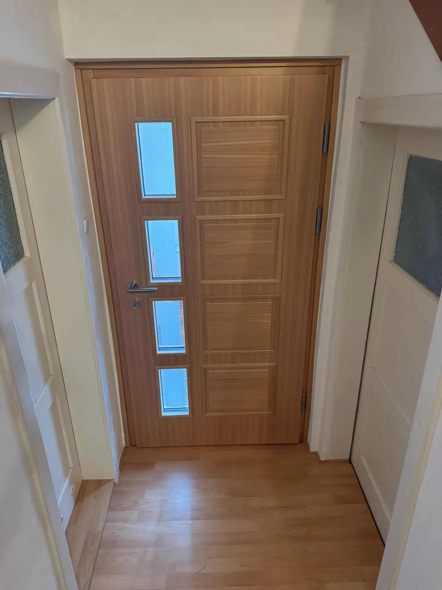 Holz Haustür mit sandgestrahltem Glas und klarem Glasrand – Referenzprojekt