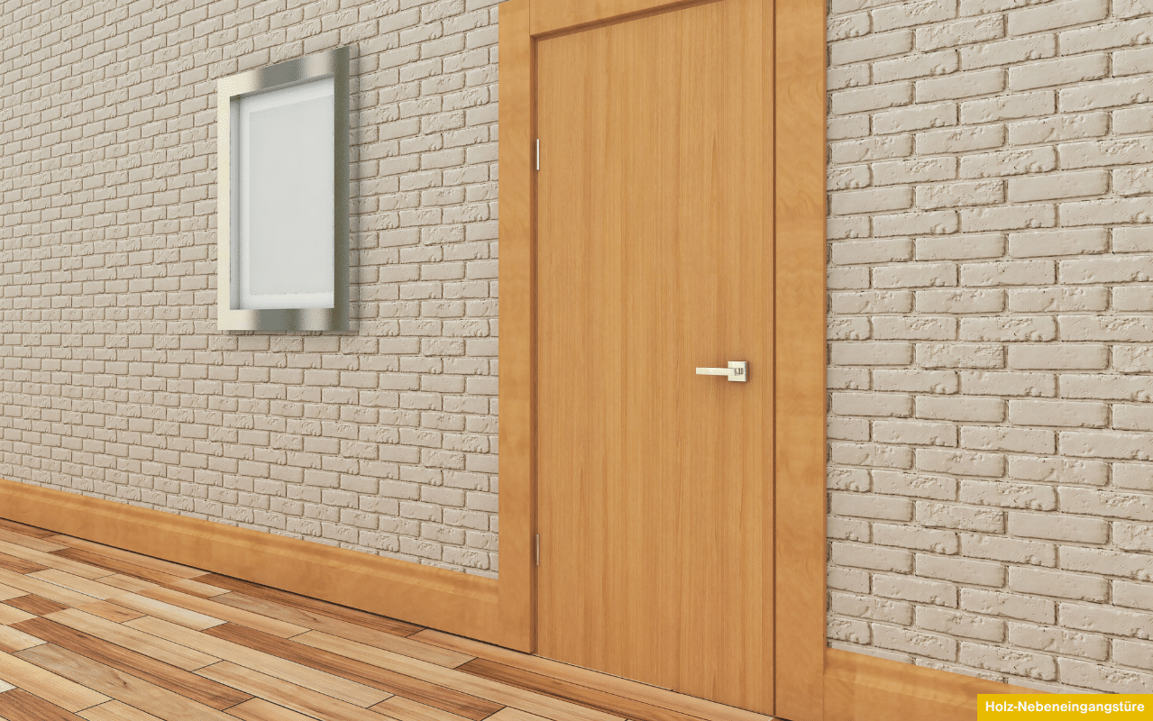 Holz-Nebeneingangstür in Innenansicht - schönes Design, aber nicht unbedingt preiswert; hoher Pflegeaufwand und Preise ab ca. 1.600 €.