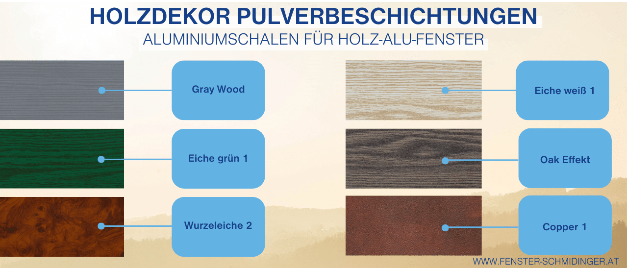 Muster Gray Wood Eiche grün Wurzeleiche 2 Eiche Weiß Oak Effekt Copper 1 in verschiedenen Holzoptiken.