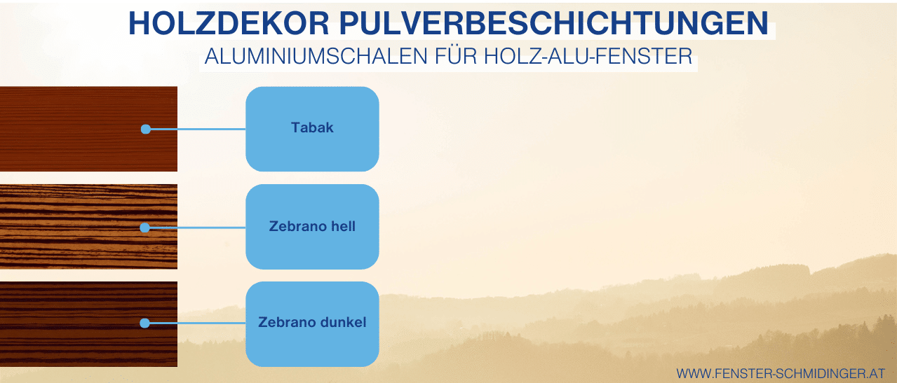 Muster Tabak Zebrano hell Zebrano dunkel zeigt elegante Holzoptiken für Aluminium-Holz-Fenster in warmen und modernen Farbtönen.