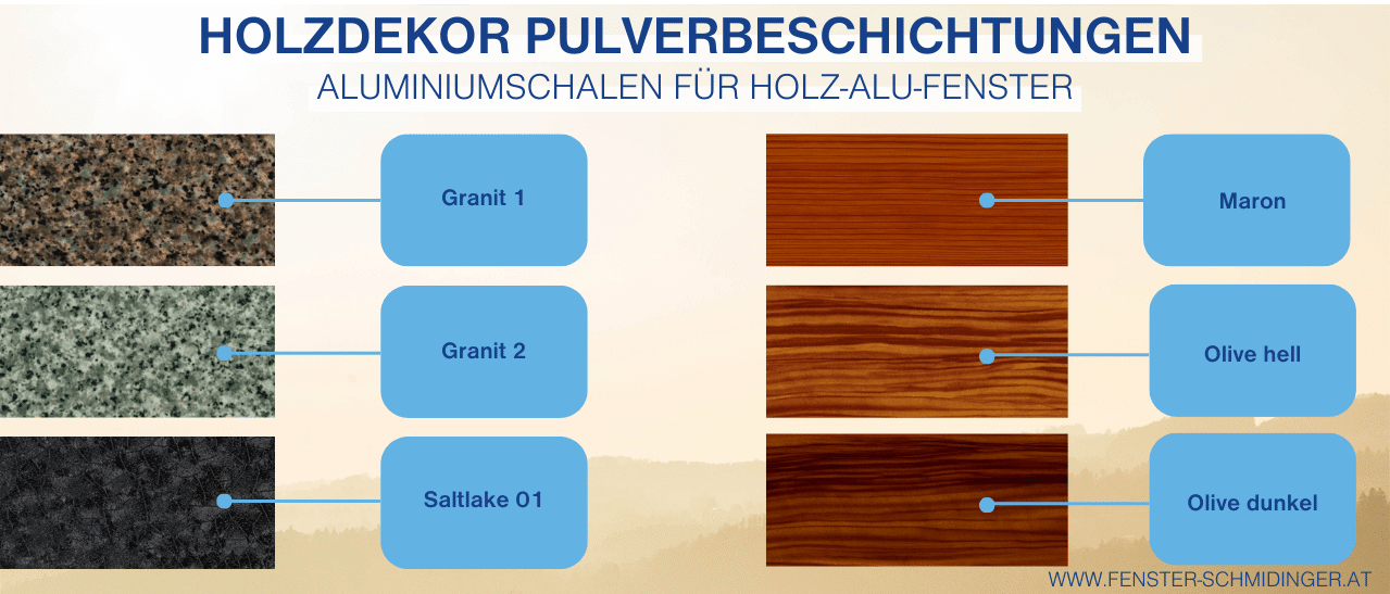 Muster Granit 1 Granit 2 Saltlake 01 Maron Olive hell Olive dunkel zeigt Farbvielfalt für Holz-Alu-Fenster mit Stein- und Holzoptik