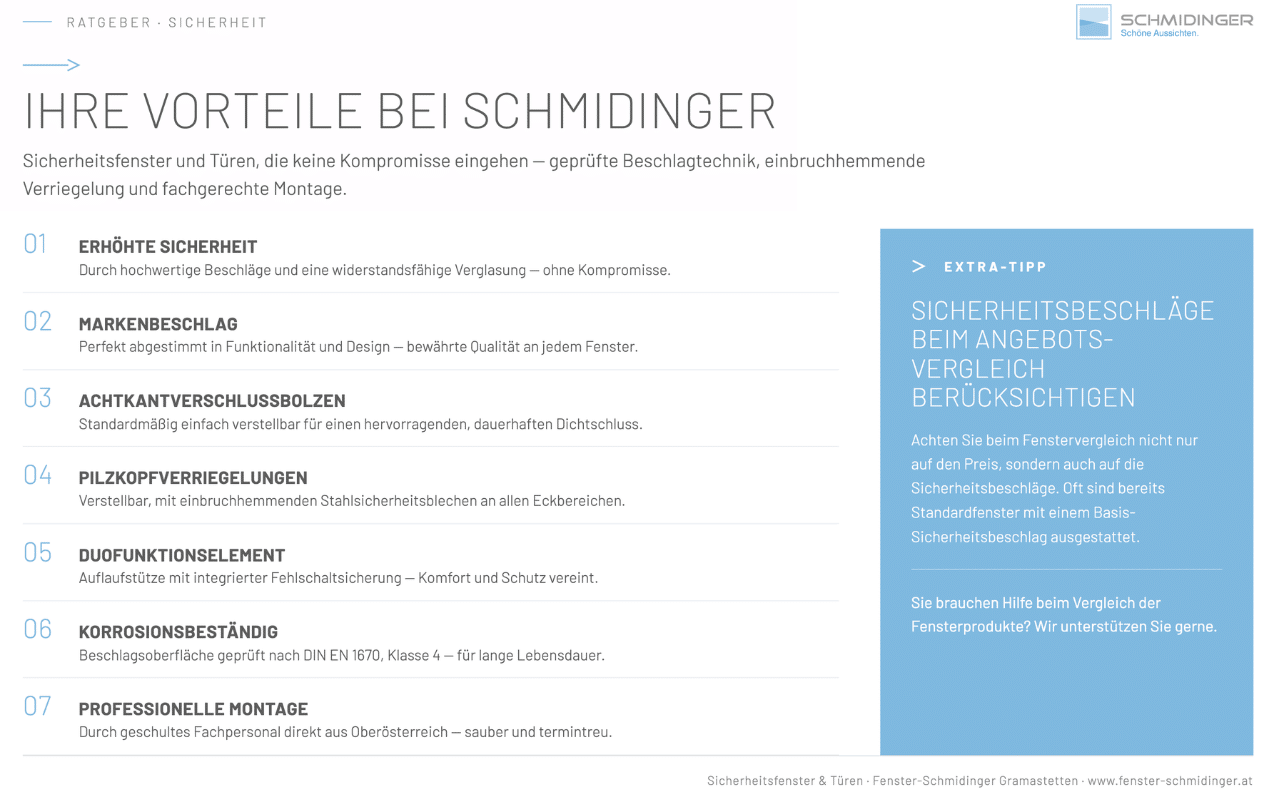 Ihre Vorteile - Sicherheitsfenster und Türen bei Schmidinger als Infografik mit sieben Punkten