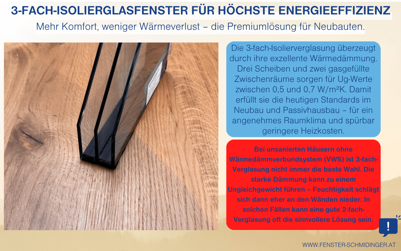 Infografik - 3-fach-Isolierverglasung zeigt Aufbau und Vorteile moderner Wärmeschutzfenster für Neubauten und Passivhäuser mit optimaler Energieeffizienz.