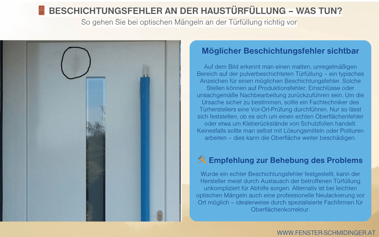 Die Infografik zeigt eine weiße Haustür mit einem markierten matten Bereich als Hinweis auf einen möglichen Beschichtungsfehler. Rechts daneben werden Ursachen wie Produktionsmängel oder Kleberückstände beschrieben sowie Empfehlungen zur fachgerechten Behebung gegeben.