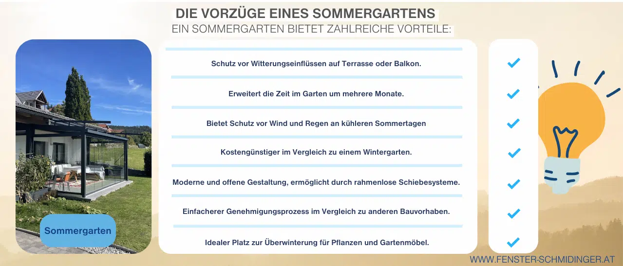 Infografik über Vorteile eines Sommergartens: Mehr Raum und Naturgenuss.