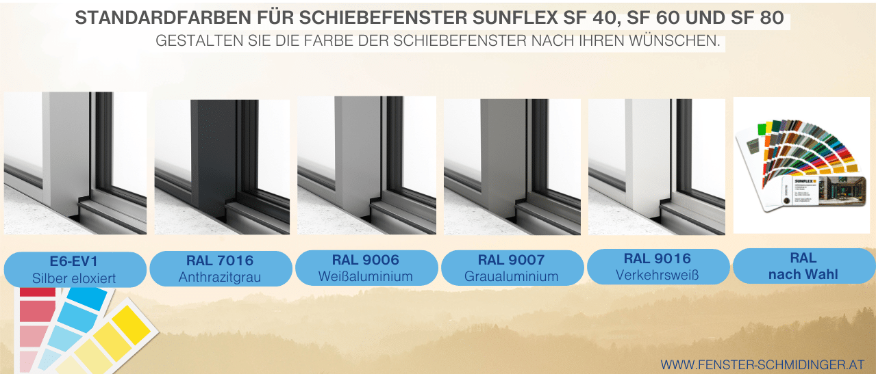 Infografik der Sunflex Schiebefenster Typ SF 60 und SF 80, zeigt verfügbare Standardfarben und Optionen zur individuellen Farbauswahl aus der RAL-Palette.