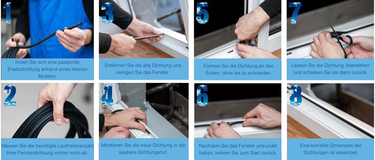 Infografik - Die wichtigsten Schritte beim Montieren der Fensterdichtungen bei einem Kunststoff-Fenster. Bitte fragen Sie Ihren Fensterlieferanten bei der Abholung der Dichtung nach einer genauen Anleitung!