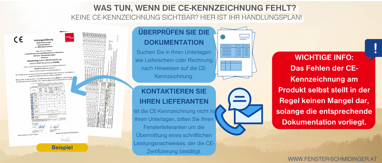 Infografik zeigt Schritte bei fehlender CE-Kennzeichnung für Fenster und Türen.