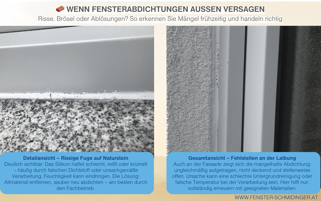 Links erkennt man eine poröse, spröde Silikonfuge auf einer grauen Natursteinfläche, rechts eine unregelmäßig aufgetragene Abdichtung an der Hauswand. Die Grafik erläutert die häufigsten Verarbeitungsfehler und empfiehlt, die Fuge durch Fachbetriebe neu abdichten zu lassen.