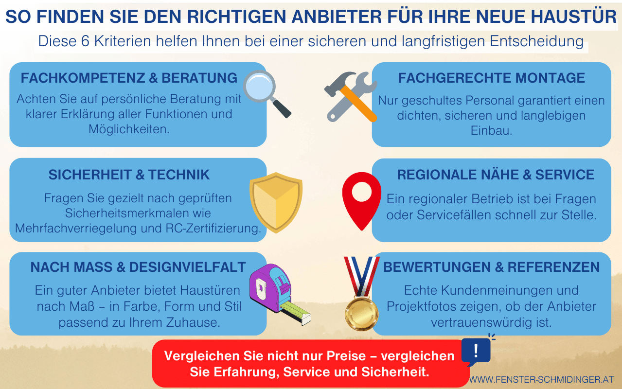 Infografik mit 6 Tipps, wie man den passenden Anbieter für eine neue Haustür findet - von Sicherheit bis Designvielfalt.