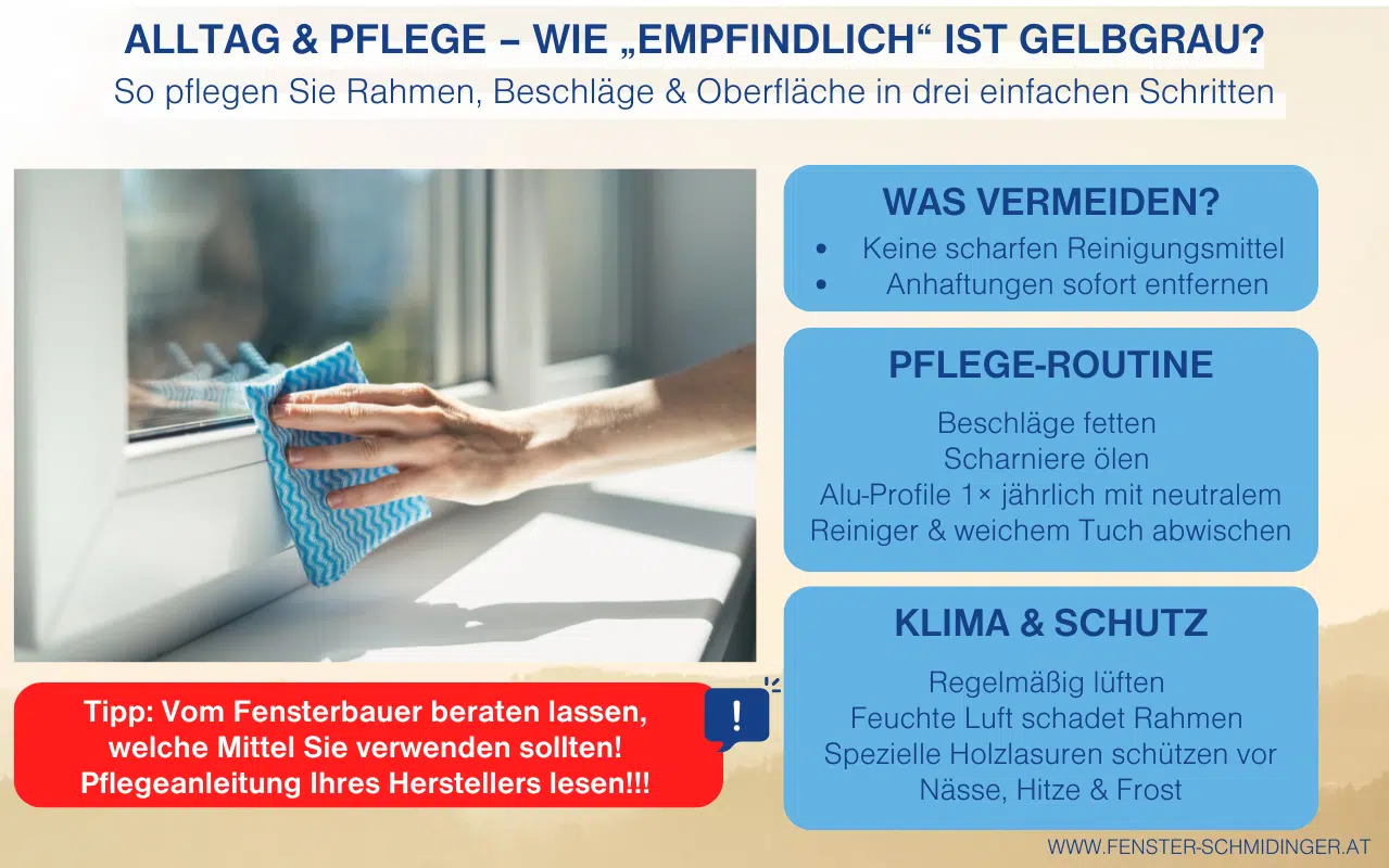 Infografik Pflege der Fenster in RAL 7034 Gelbgrau mit Hinweisen zu Reinigung, Schutz und jährlicher Wartung für Rahmen und Beschläge