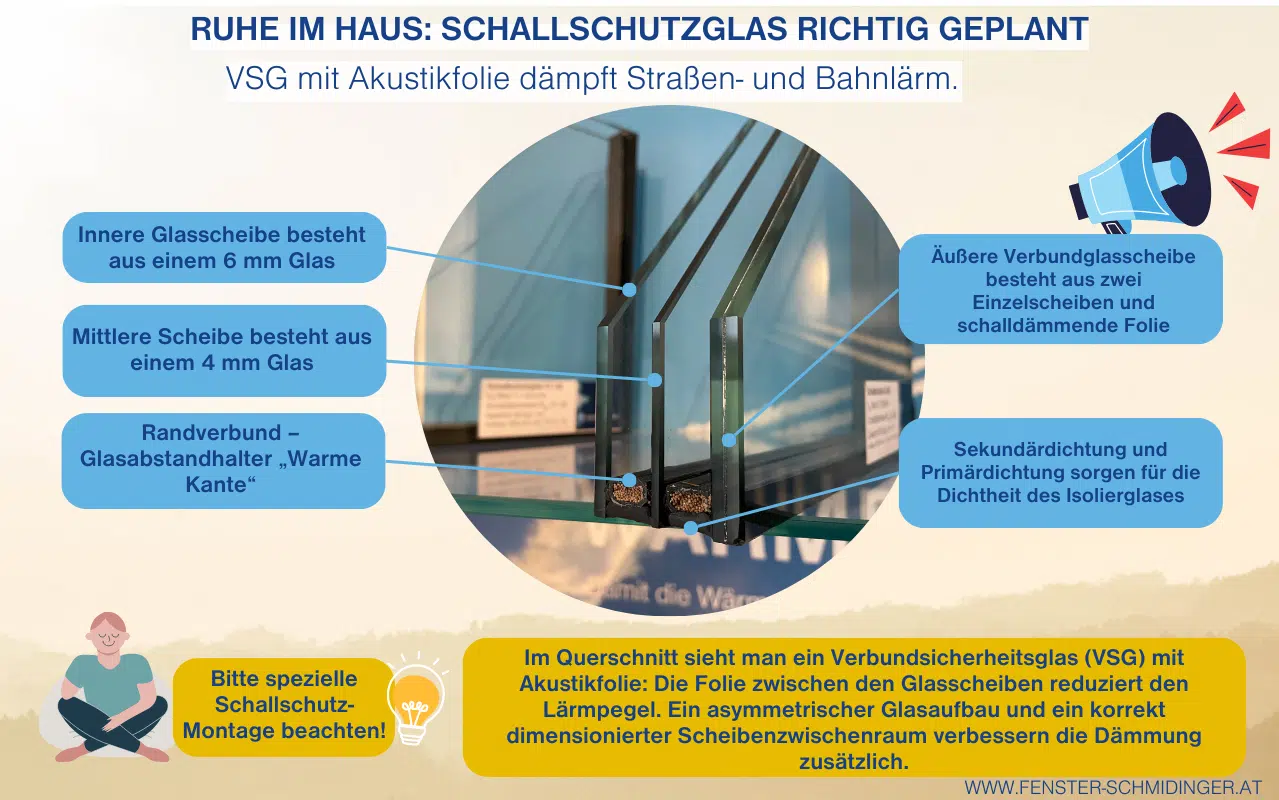 Infografik Schallschutzglas erklärt den Aufbau von VSG mit Akustikfolie zur Lärmminderung und zeigt Details der Schallschutzverglasung.