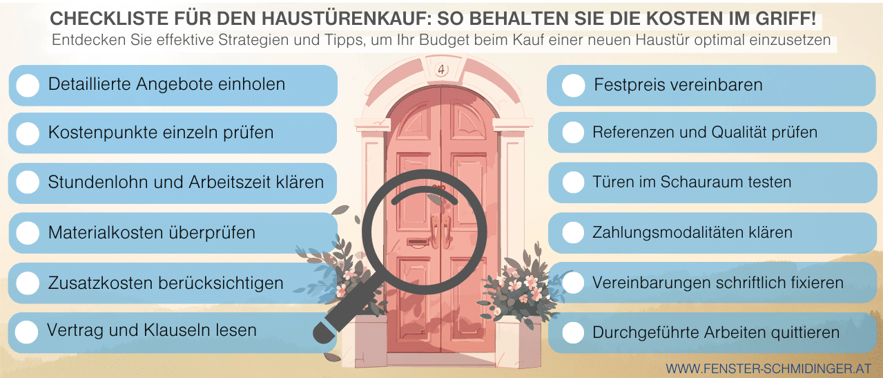 Checkliste Haustürkauf Ratgeber: Infografik zu Tipps, wie man Kosten für Haustüren effektiv managt.