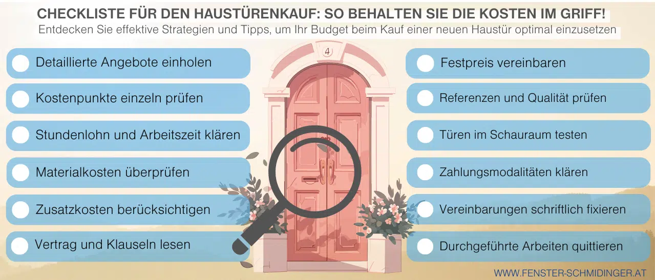 Checkliste Haustürkauf Ratgeber: Infografik zu Tipps, wie man Kosten für Haustüren effektiv managt.