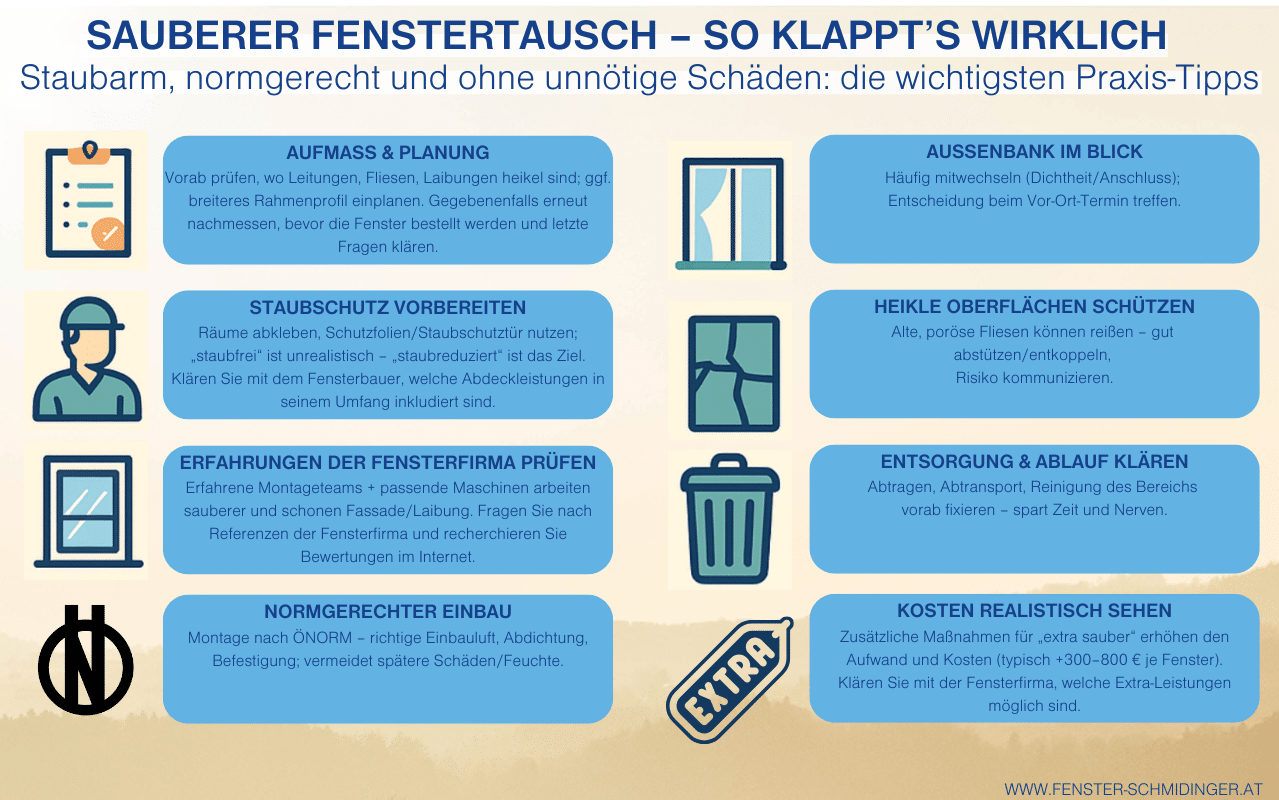 Infografik mit Tipps für sauberen Fenstertausch zeigt Staubschutz, normgerechten Einbau und Planung Sauberer Fenstertausch - so klappt's wirklich.
