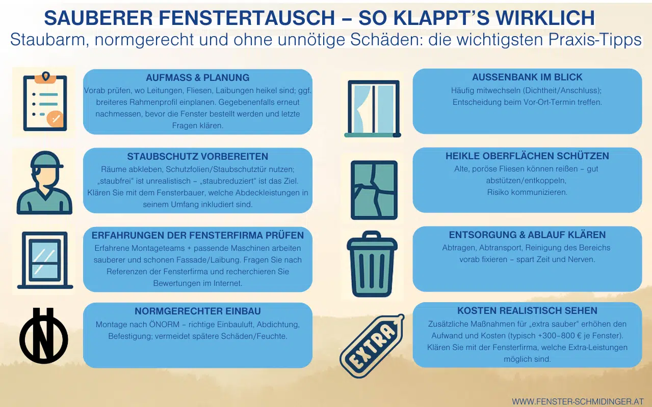 Infografik mit Tipps für sauberen Fenstertausch zeigt Staubschutz, normgerechten Einbau und Planung Sauberer Fenstertausch - so klappt's wirklich.