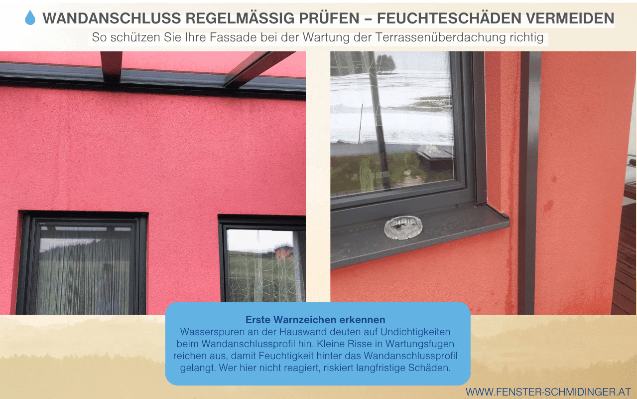 Die Infografik warnt vor Feuchtigkeitsschäden durch undichte Wandanschlussprofile. Bereits kleine Risse können Wasser hinter die Fassade führen. Eine regelmäßige Sichtprüfung und Wartung schützt langfristig vor Schäden an Haus und Überdachung.