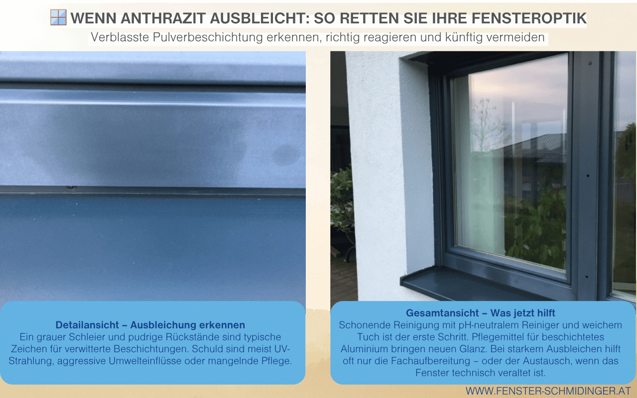 Die Infografik zeigt links eine Detailaufnahme eines ausgebleichten Fensterrahmens mit grauem Schleier und rechts ein komplettes  anthrazitfarbenes Fenster mit den ausgebleichten Stellen.