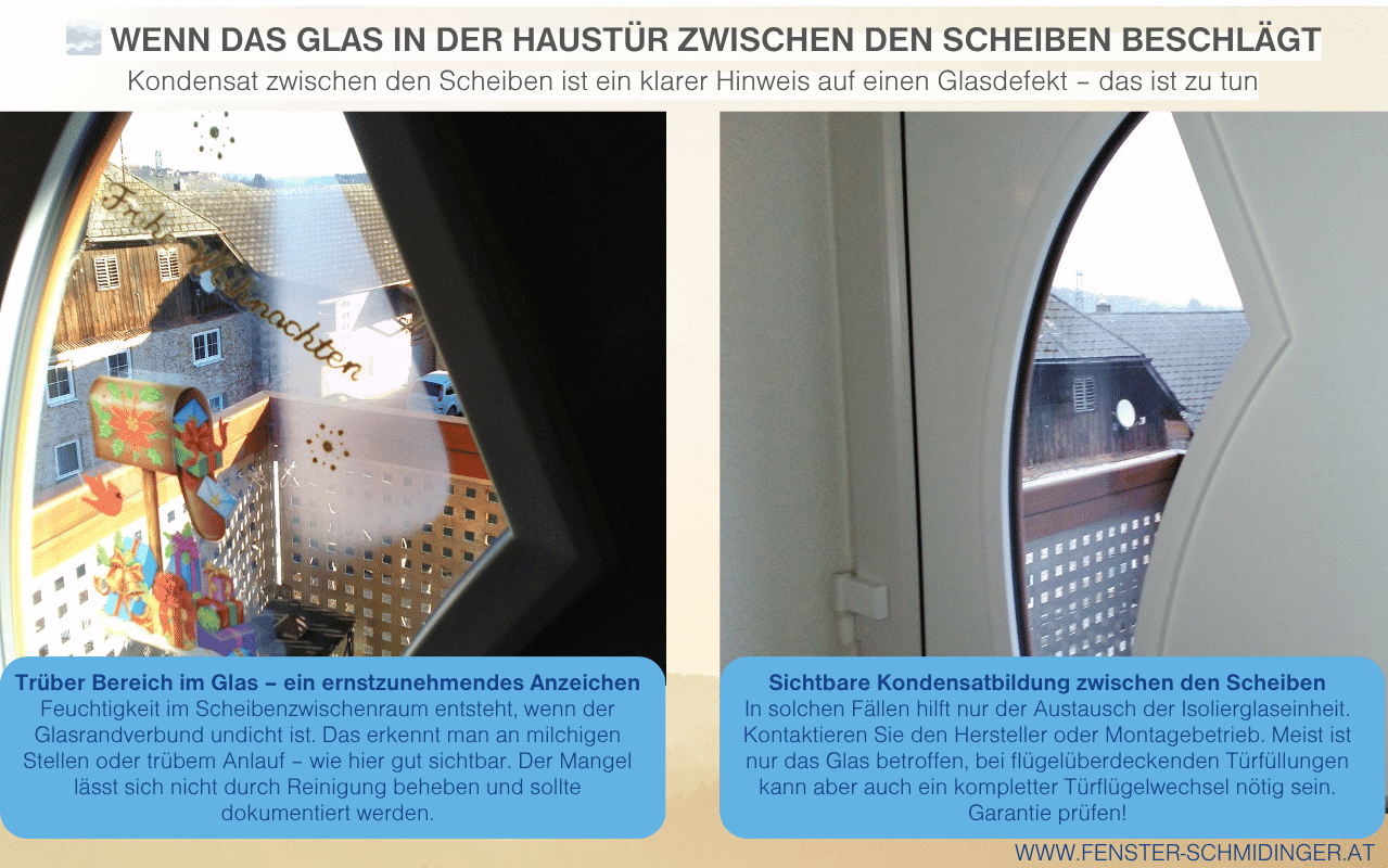 Die Infografik zeigt zwei Aufnahmen von Haustürgläsern mit Feuchtigkeit zwischen den Scheiben. Links ist der Beschlag deutlich sichtbar, rechts wird der Schaden im Detail erklärt. Der Text informiert über Ursachen, Symptome und Lösungsmöglichkeiten bei Glasdefekten.