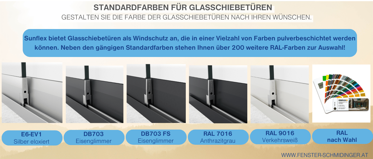 Infografik zeigt farblich anpassbare Glasschiebetüren als Windschutz.