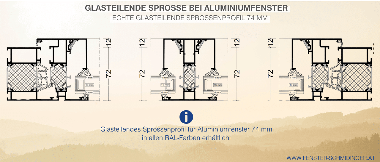 Infografik zeigt Querschnitt eines Aluminiumfensters mit 74 mm glasteilendem Sprossenprofil. Verschiedene Breiten und Farben möglich.