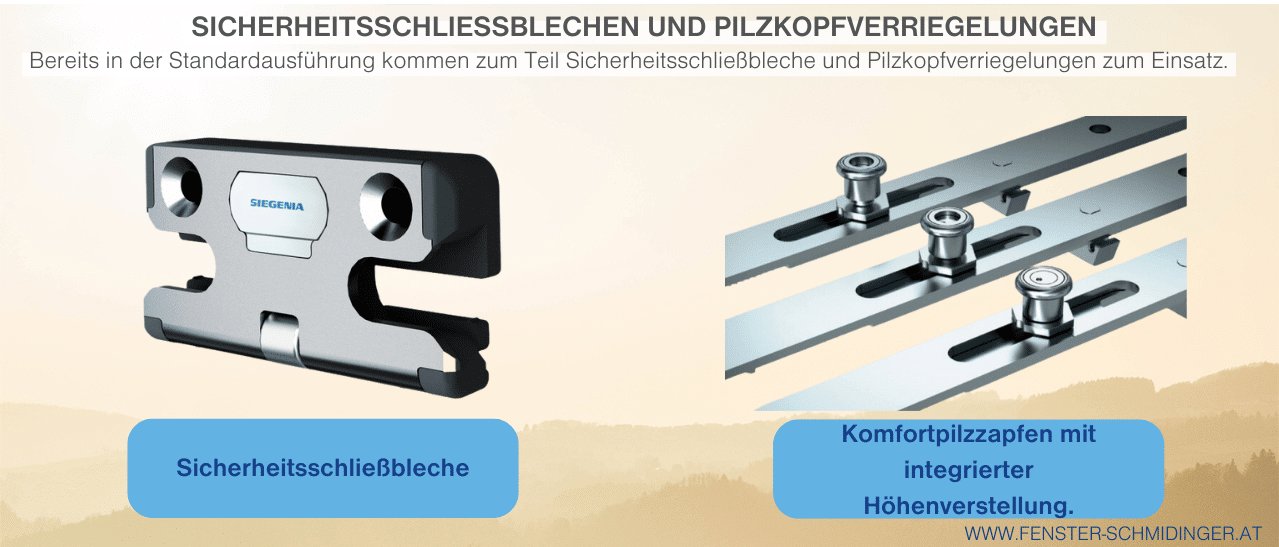 Infografik zeigt Sicherheitsschließbleche und Pilzkopfverriegelungen für zusätzliche Einbruchhemmung bei Sicherheitsfenstern. Einbruchsichere Fenster-Preise richten sich dann unter anderem an der Anzahl der eingebauten Sicherheitsteile.