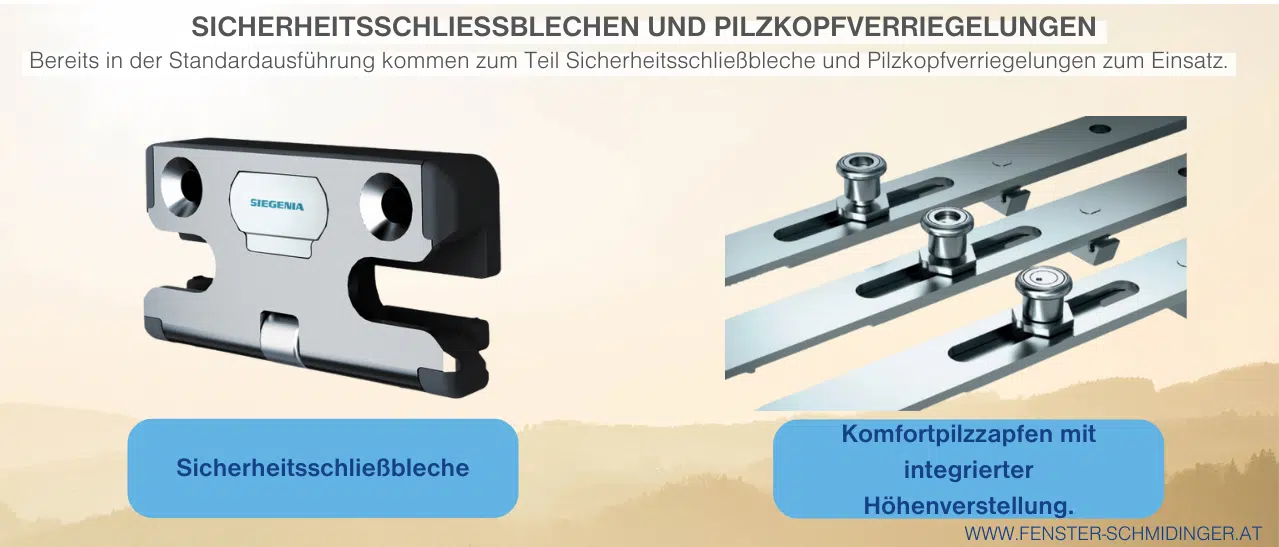 Infografik zeigt Sicherheitsschließbleche und Pilzkopfverriegelungen für zusätzliche Einbruchhemmung bei Sicherheitsfenstern. Einbruchsichere Fenster-Preise richten sich dann unter anderem an der Anzahl der eingebauten Sicherheitsteile.