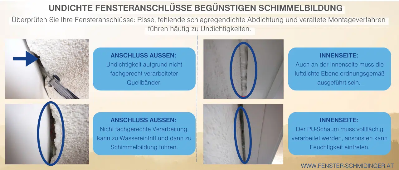 Infografik zeigt undichte Fenster- und Maueranschlüsse, Schimmel am Fenster oder im Anschlussbereich zur Mauer werden dadurch begünstigt.