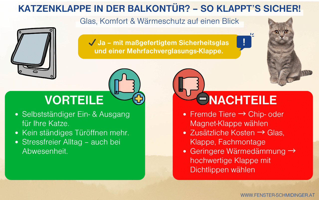 Infografik zeigt Balkontürarten mit integrierter Katzenklappe aus Sicherheitsglas und deren Vorteile und Nachteile.
