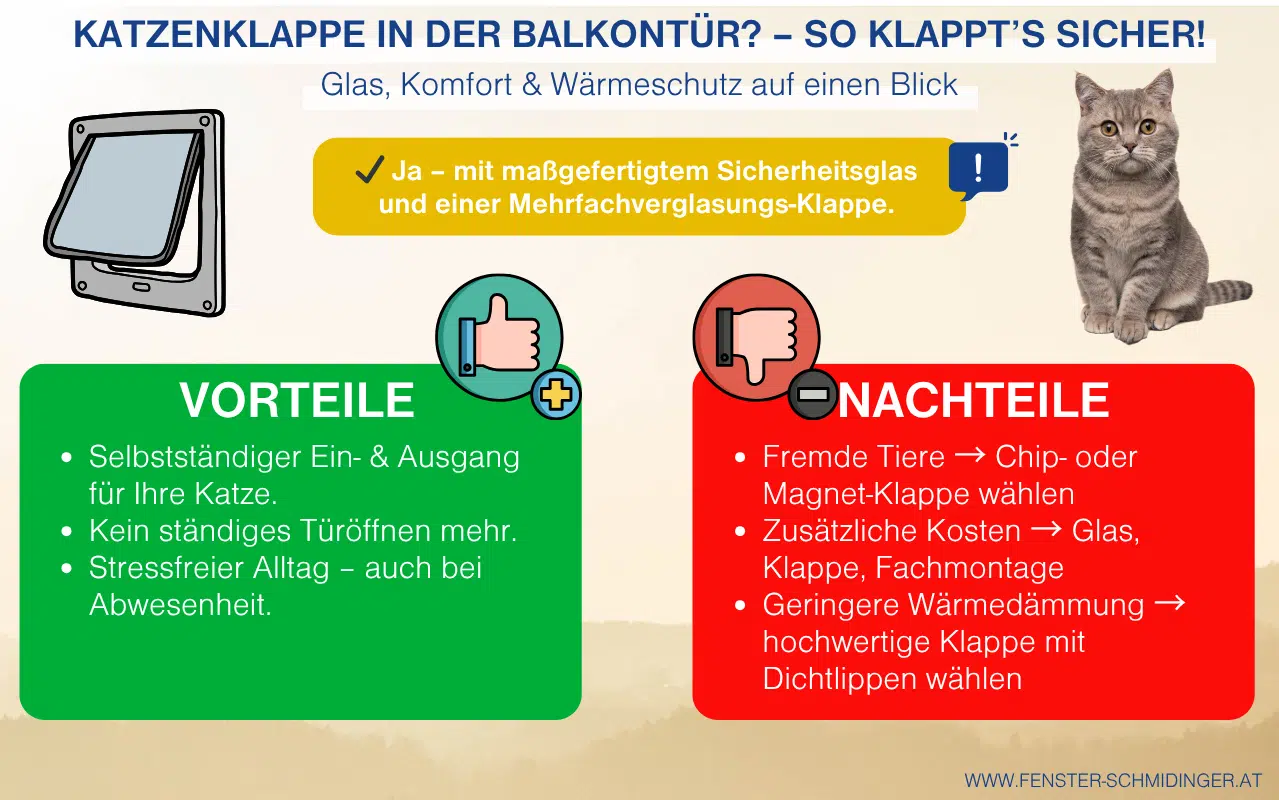 Infografik zeigt Balkontürarten mit integrierter Katzenklappe aus Sicherheitsglas und deren Vorteile und Nachteile.