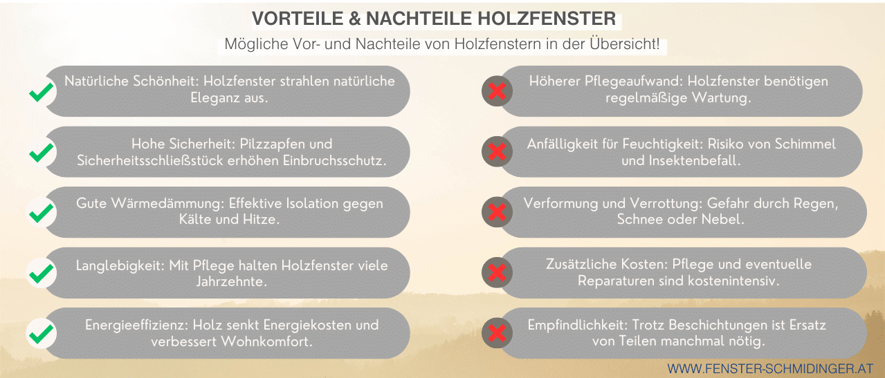 Infografik zeigt Vor- und Nachteile von Holzfenstern. Holzfenster kaufen: Vorteile wie Schallschutz, Wärmedämmung, aber pflegeintensiver.