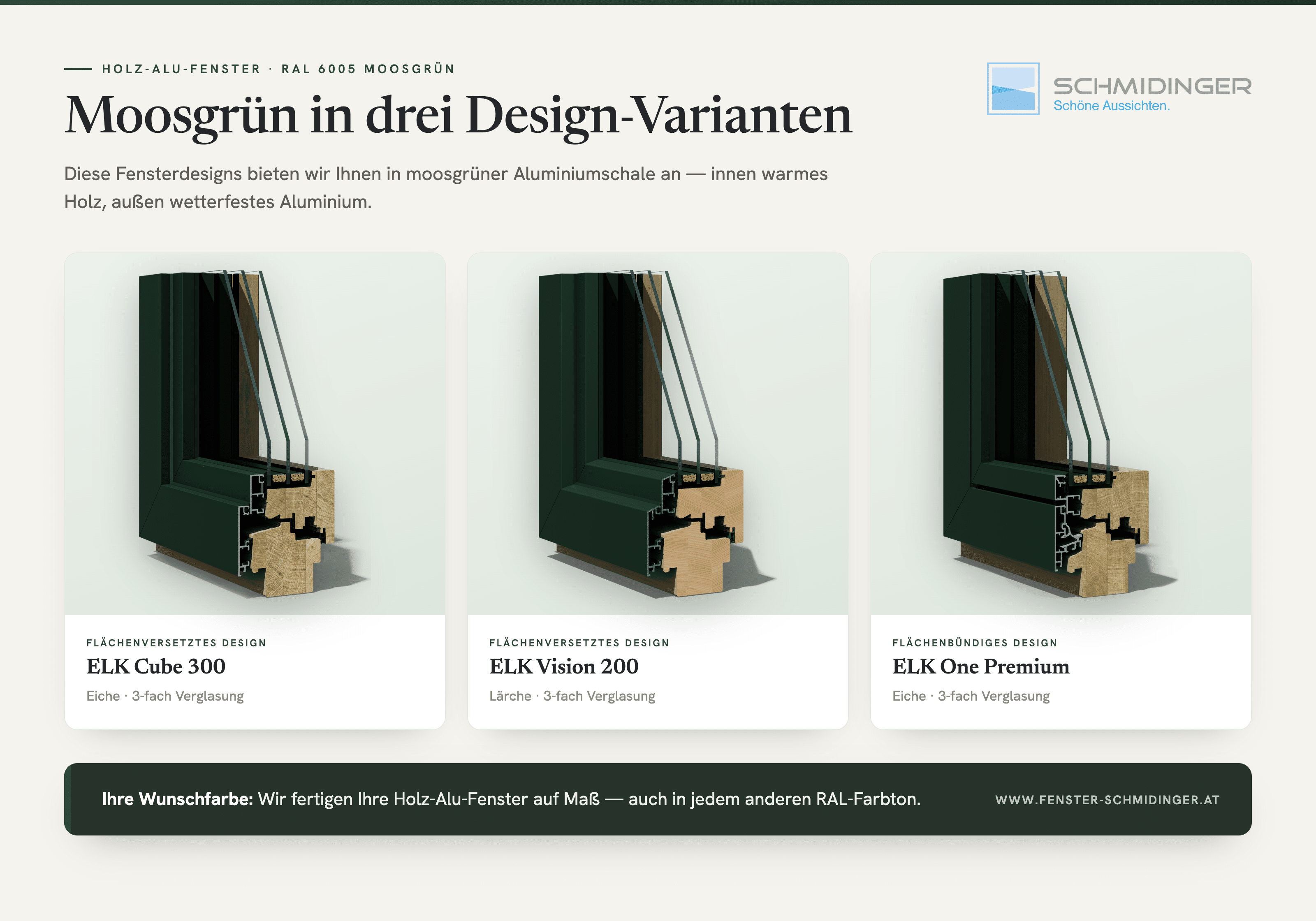 Infografik zu Holz-Alu-Fenstern, außen RAL 6005 Moosgrün, zeigt verschiedene Designoptionen.