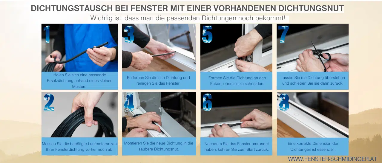 Infografik zur Schritt-für-Schritt-Anleitung: Fenster abdichten, indem man Dichtungen erneuert, wichtig: passende Dichtungen verwenden.