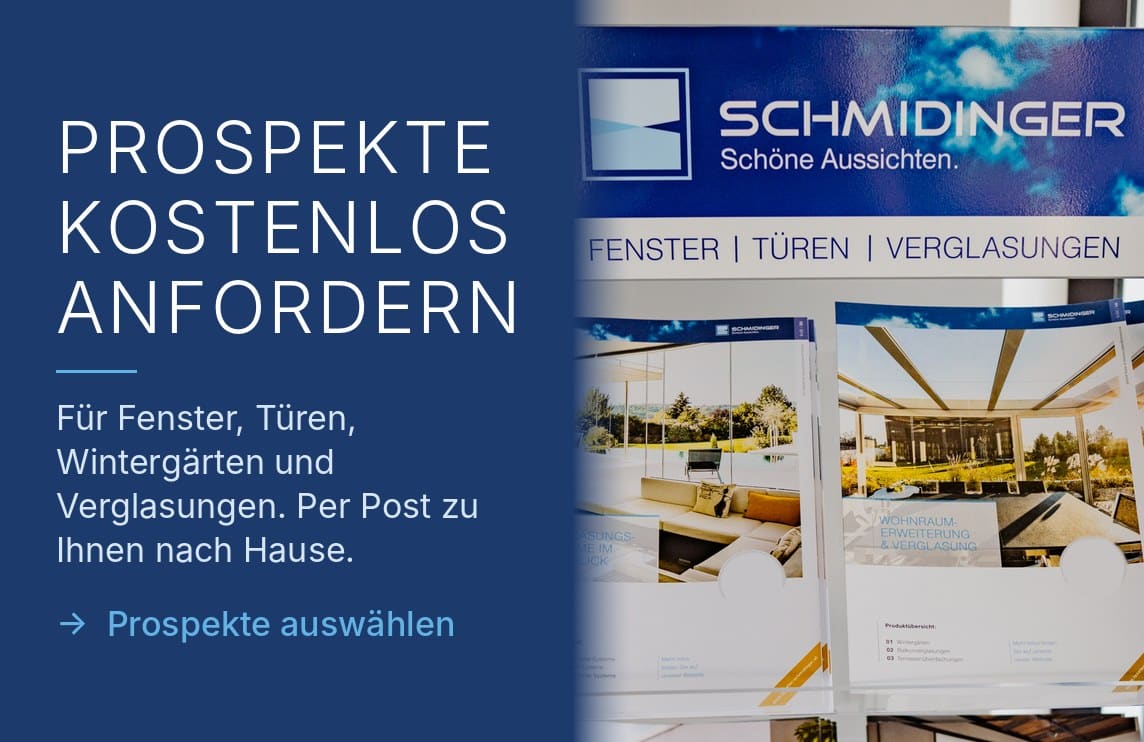 Prospektständer mit Infomaterial zu Fenstern, Türen und Verglasungen von Fenster Schmidinger