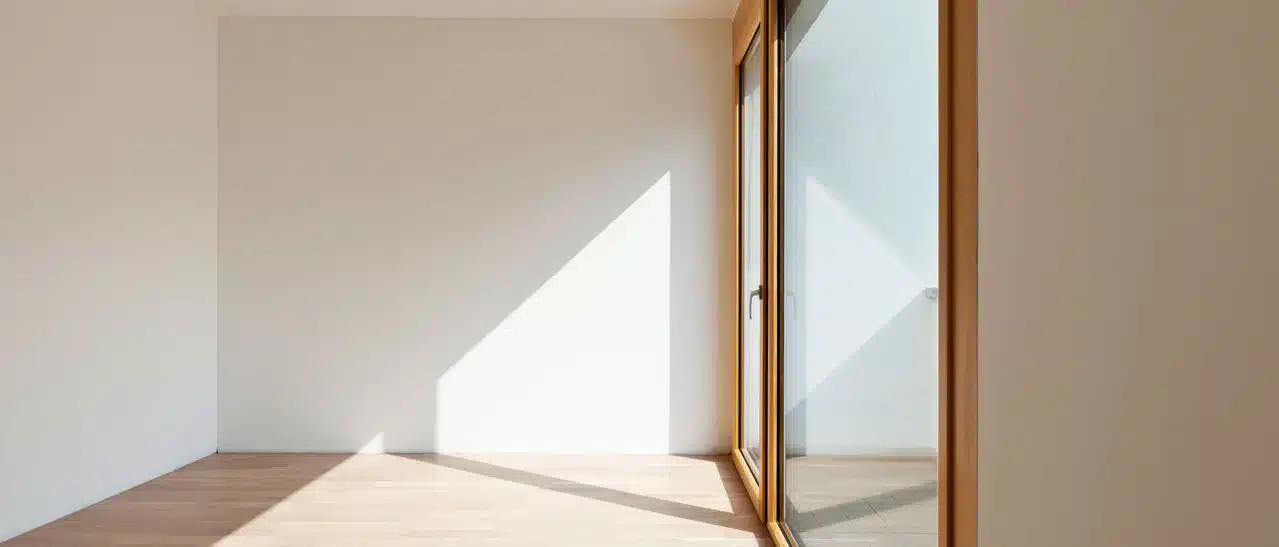 Innenansicht einer modernen Holz-Aluminium Balkontüre mit Seitenteil, die viel Lichteinfall und Helligkeit für helle Wohnräume bietet.