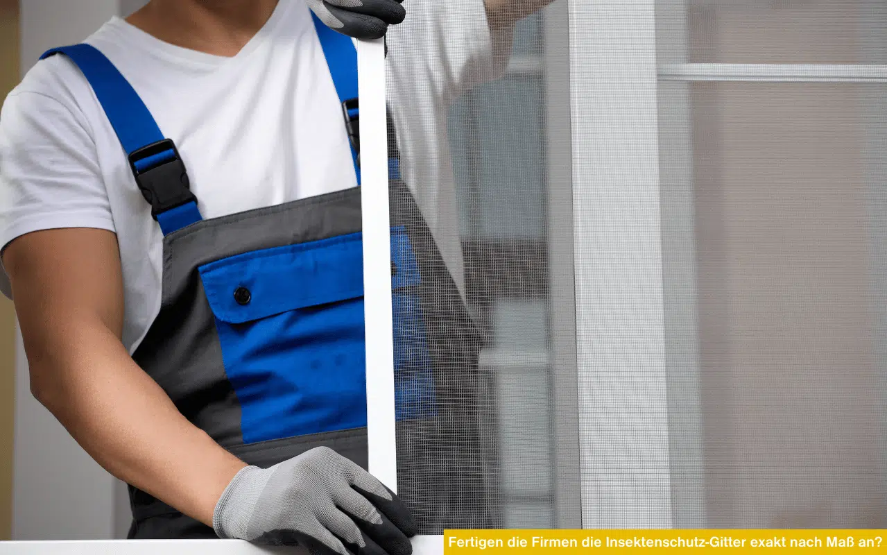 Ein Facharbeiter in graublauer Latzhose hält ein weißes, maßgefertigtes Insektenschutzgitter für Fenster.