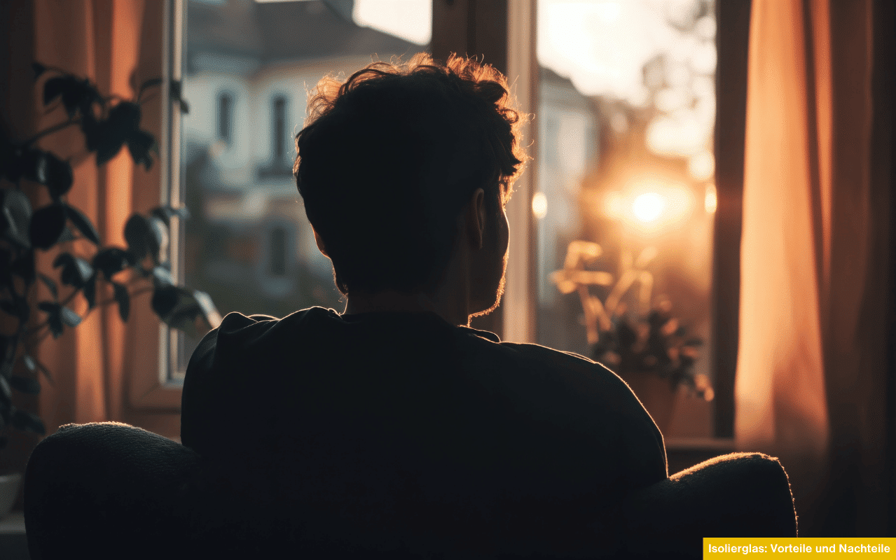 Isolierglas Vorteile und Nachteile zeigt Person am Fenster bei Sonnenuntergang und vermittelt behagliches Raumklima durch gute Wärmedämmung