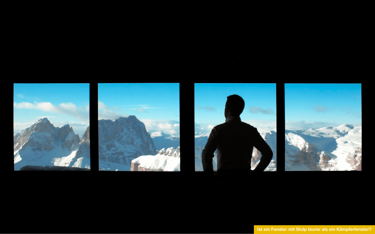Ist ein Fenster mit Stulp teurer als ein Kämpferfenster mit Panoramablick auf verschneite Berge und Person im Gegenlicht.