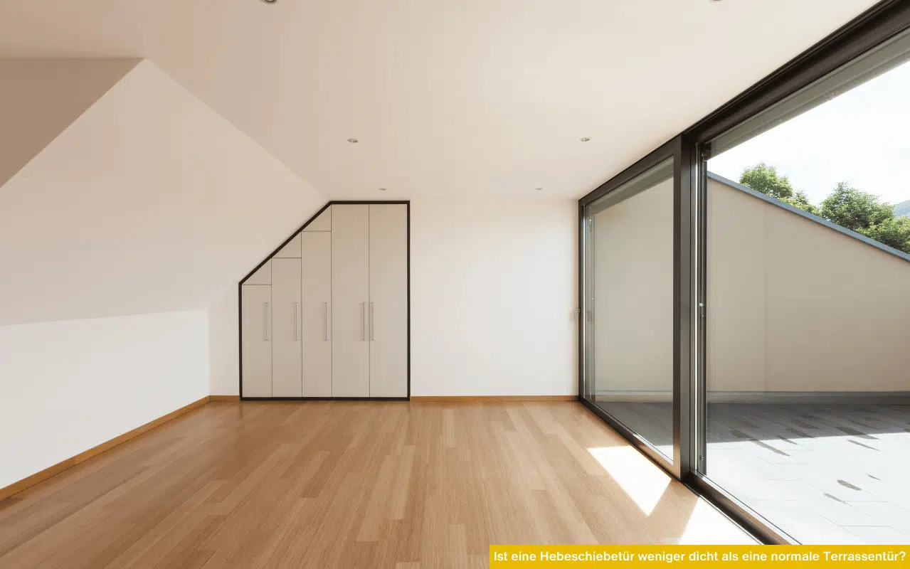 Ist eine Hebeschiebetür weniger dicht als eine normale Terrassentür? Moderner Wohnraum mit großer Hebeschiebetür zur Terrasse